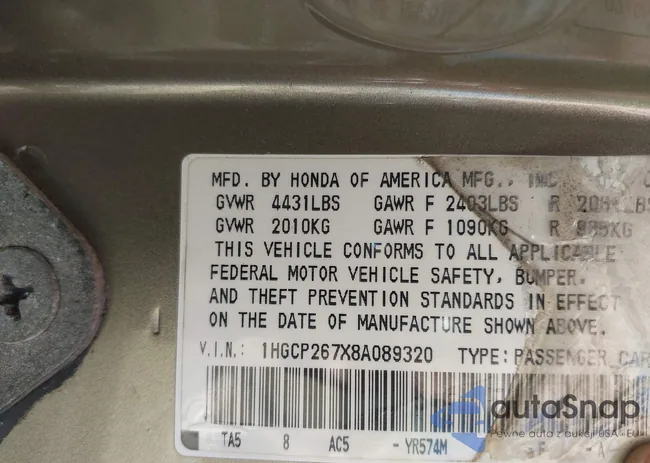 1HGCP267X8A089320: 40816078