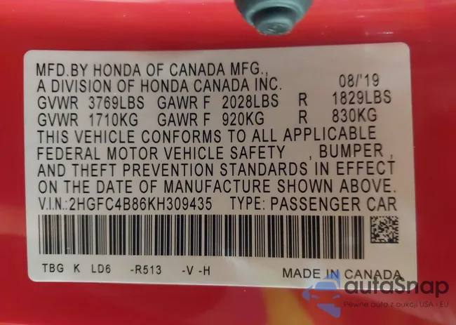 2HGFC4B86KH309435: 40830481