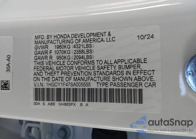 1HGCY1F47SA005555: 40845942