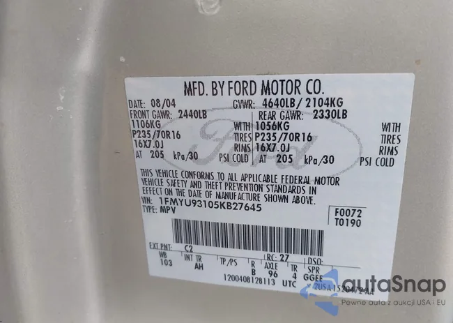 1FMYU93105KB27645: 40856464