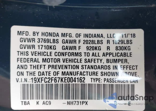 19XFC2F67KE004162: 40884751