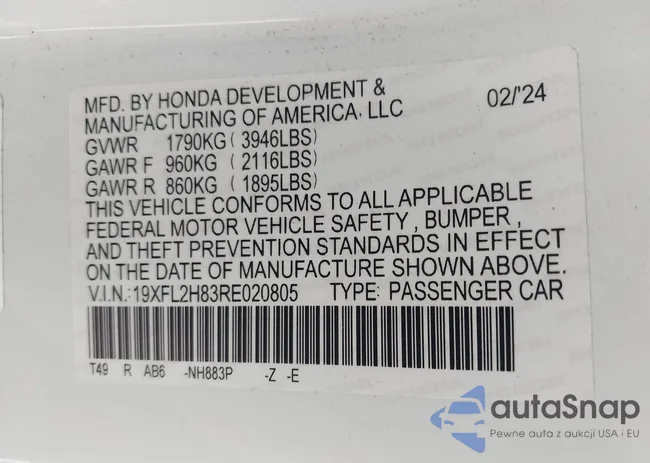 19XFL2H83RE020805: 40884838