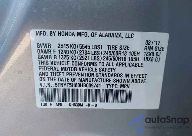 5FNYF5H80HB009741: 40901631