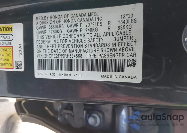 2HGFE2F59RH534568: 40909935