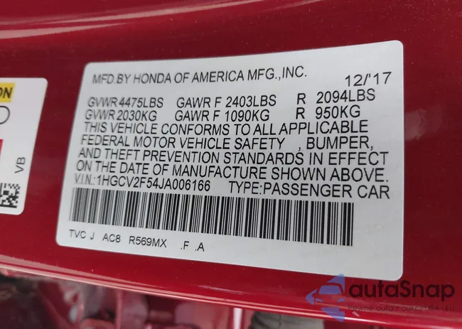 1HGCV2F54JA006166: 41927736