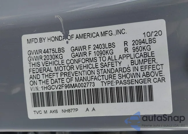 1HGCV2F96MA002773: 41982654