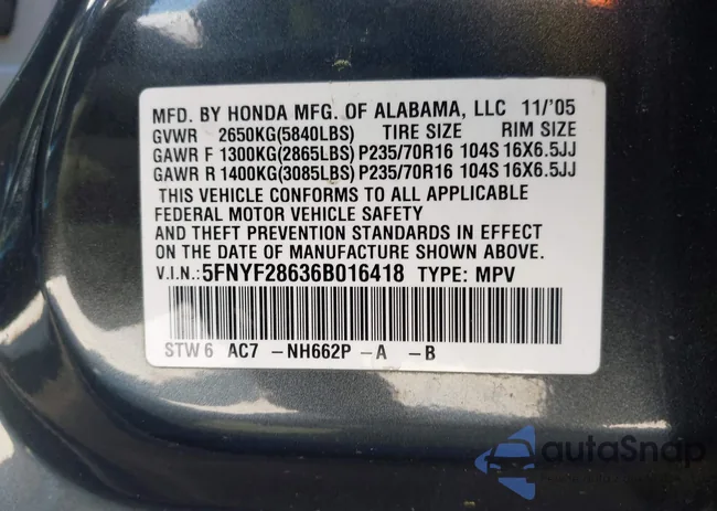 5FNYF28636B016418: 41998210