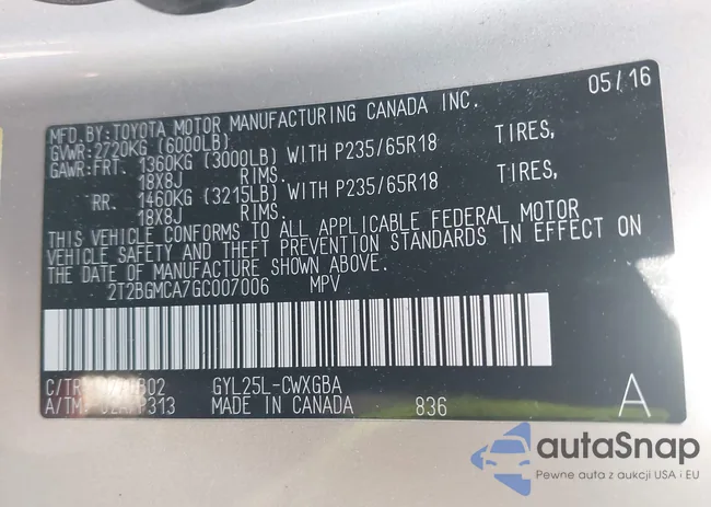 2T2BGMCA7GC007006: 41999343