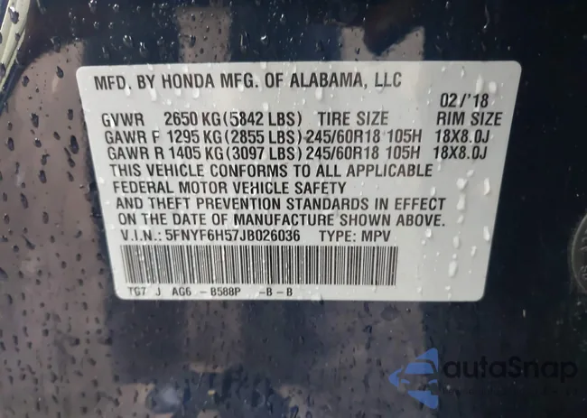 5FNYF6H57JB026036: 42000454