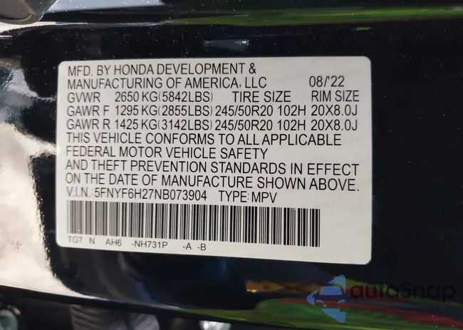 5FNYF6H27NB073904: 41999647