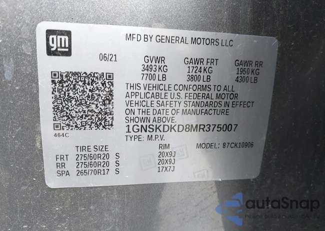 1GNSKDKD8MR375007: 42003473