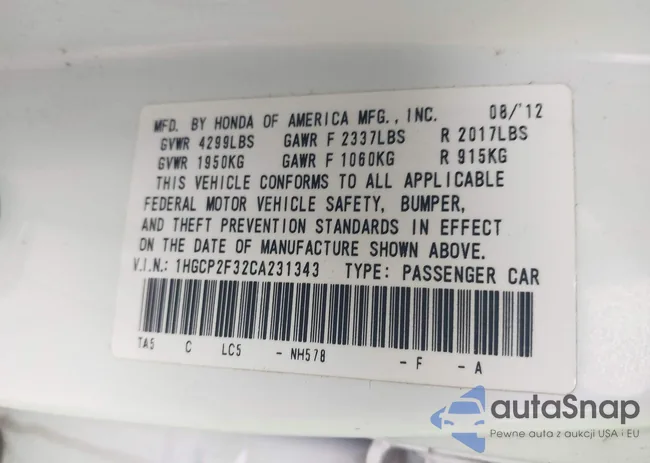 1HGCP2F32CA231343: 42005666