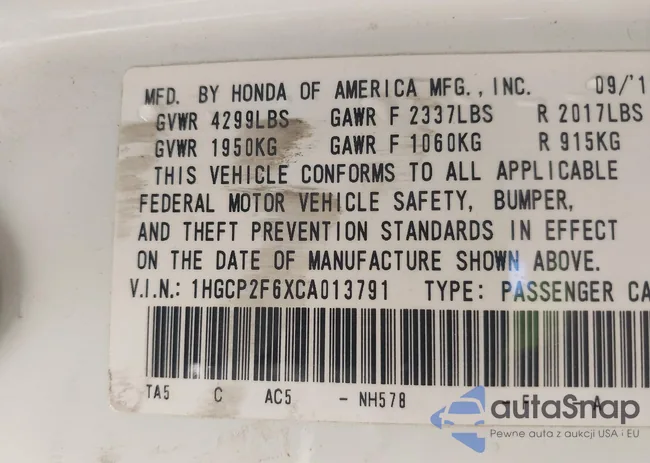 1HGCP2F6XCA013791: 42007383