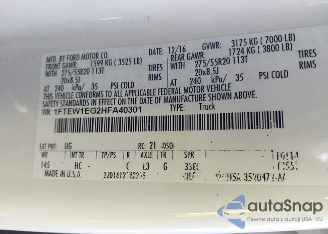 1FTEW1EG2HFA40301: 42011076