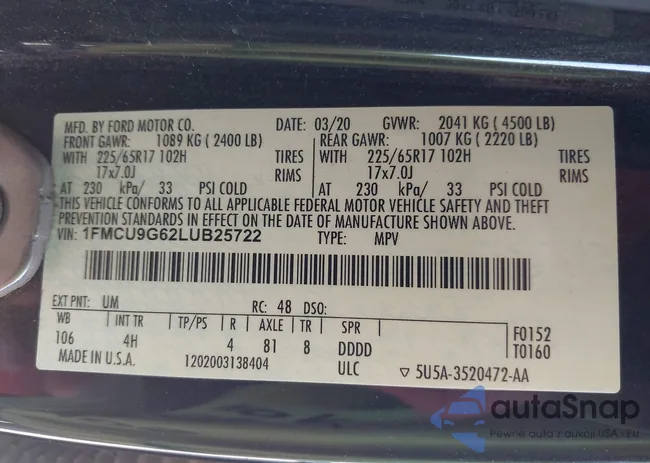 1FMCU9G62LUB25722: 42012262