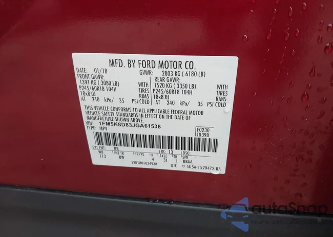 1FM5K8D83JGA61538: 42011649