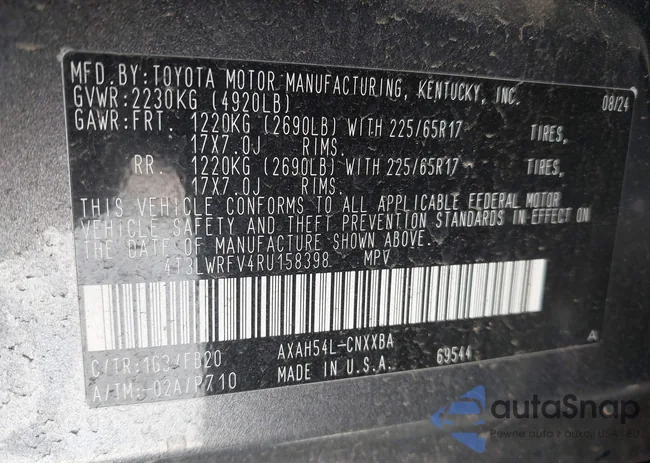 4T3LWRFV4RU158398: 42013143