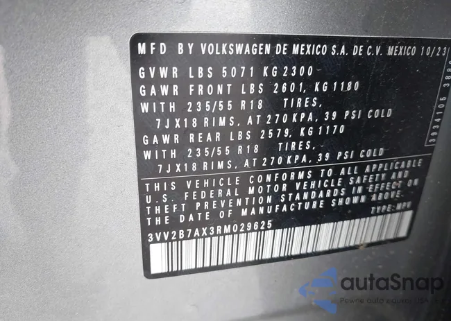 3VV2B7AX3RM029625: 42021749