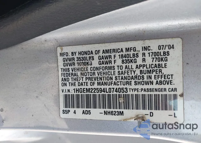 1HGEM22594L074053: 42040311