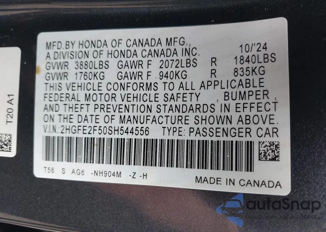 2HGFE2F50SH544556: 42043214