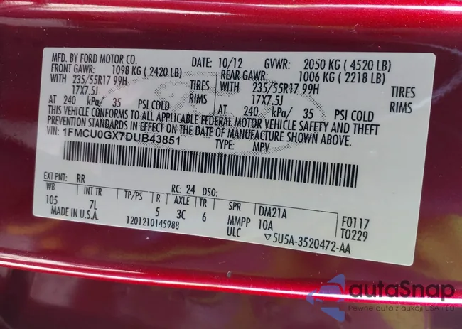 1FMCU0GX7DUB43851: 42052073