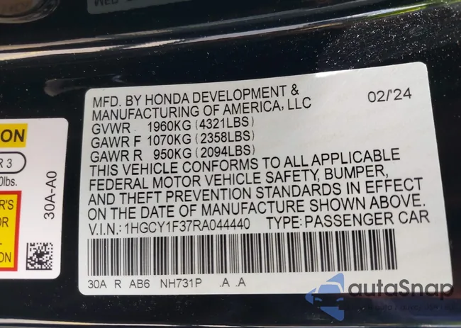 1HGCY1F37RA044440: 42054073