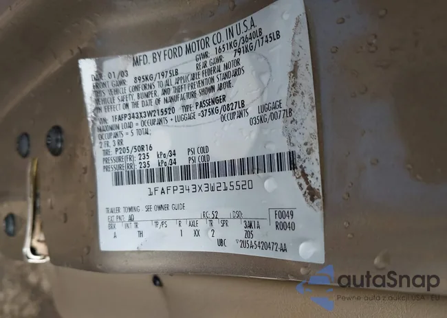 1FAFP343X3W215520: 42062305