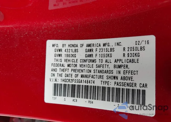 1HGCR2F55GA148474: 42074097