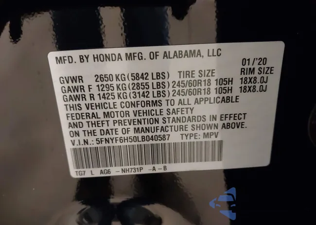 5FNYF6H50LB040587: 42101992