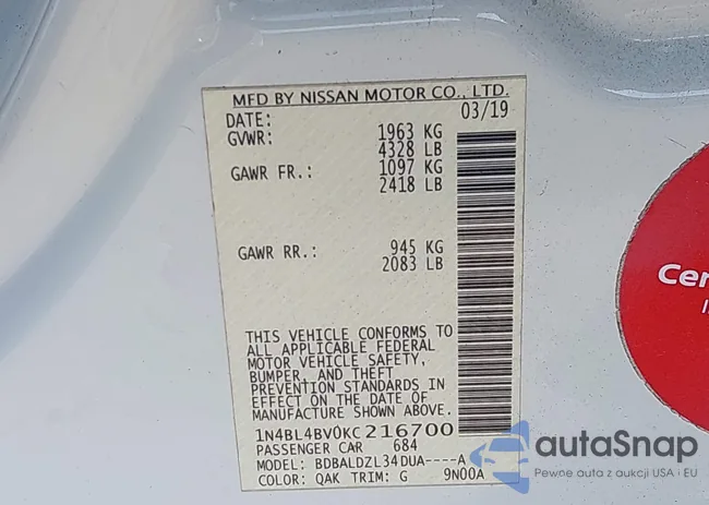 1N4BL4BV0KC216700: 42104728