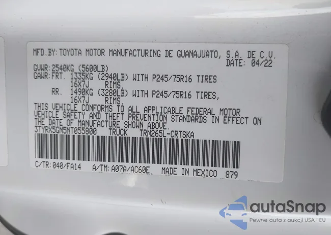 3TYRX5GN5NT055800: 42109011