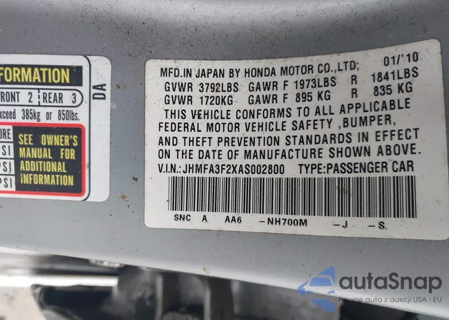 JHMFA3F2XAS002800: 42109020