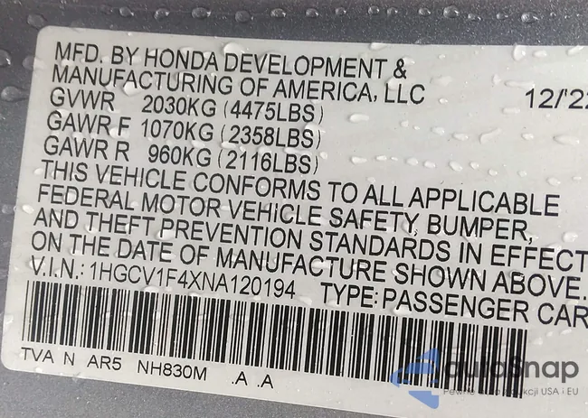 1HGCV1F4XNA120194: 42108501