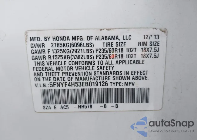 5FNYF4H53EB019126: 42109425