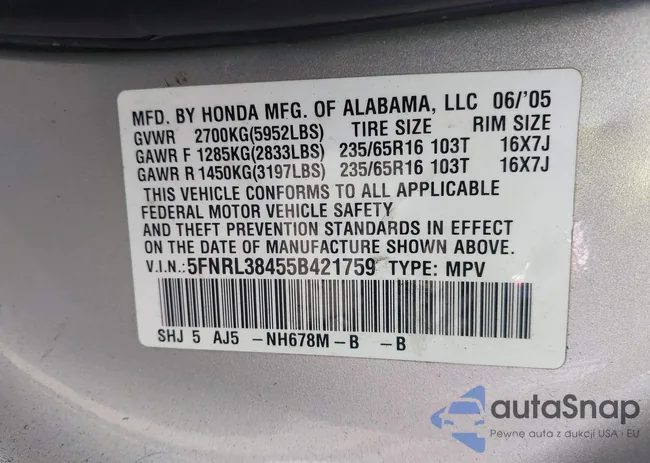 5FNRL38455B421759: 42111208