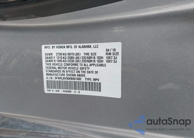 5FNRL6H50KB001882: 42110220