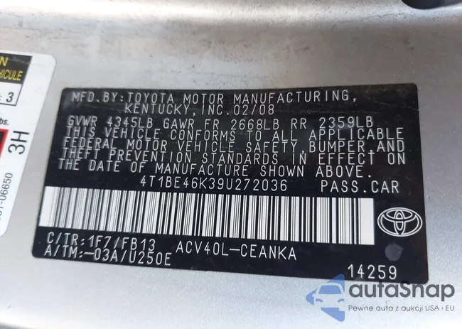 4T1BE46K39U272036: 42111907