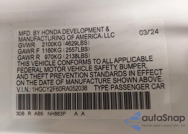 1HGCY2F60RA052038: 42112926