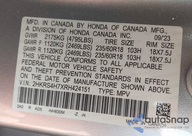 2HKRS4H7XRH424151: 42116521