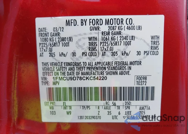 1FMCU9D78CKC54220: 42118707