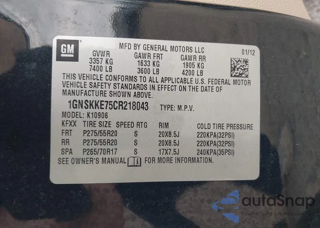 1GNSKKE75CR218043: 42118487