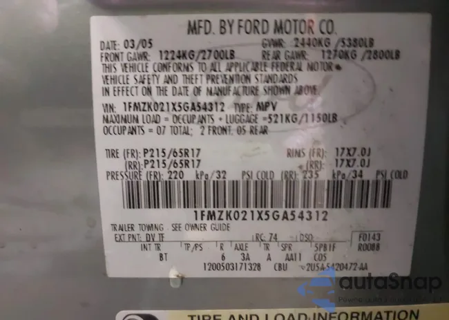 1FMZK021X5GA54312: 42120791