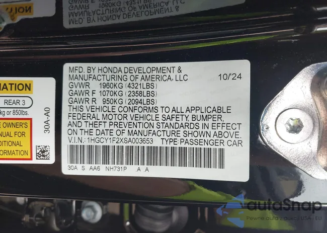 1HGCY1F2XSA003653: 42124714