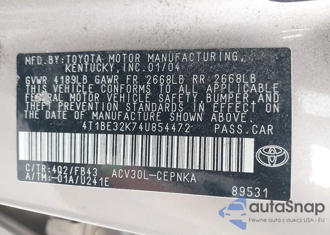 4T1BE32K74U854472: 42130634