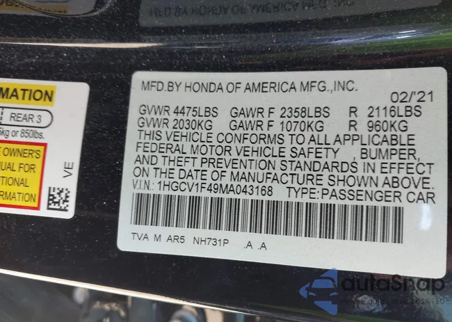 1HGCV1F49MA043168: 42133163