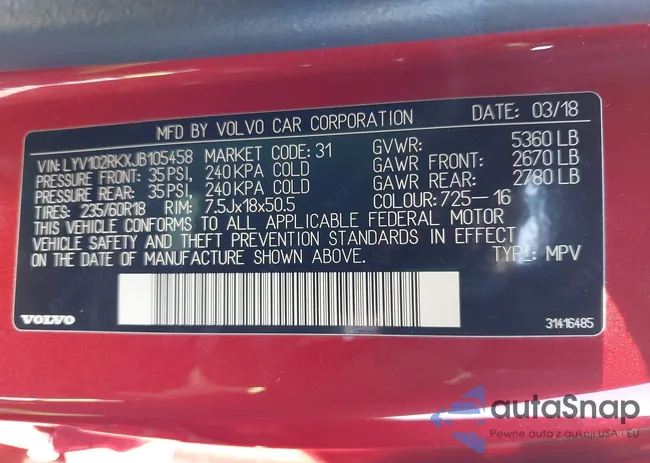 LYV102RKXJB105458: 42134335