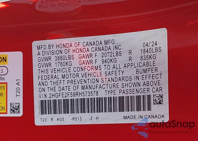 2HGFE2F59RH573578: 42134366