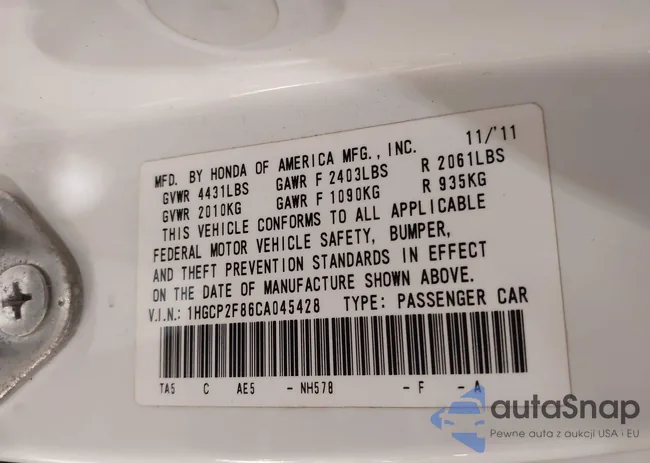 1HGCP2F86CA045428: 42135466