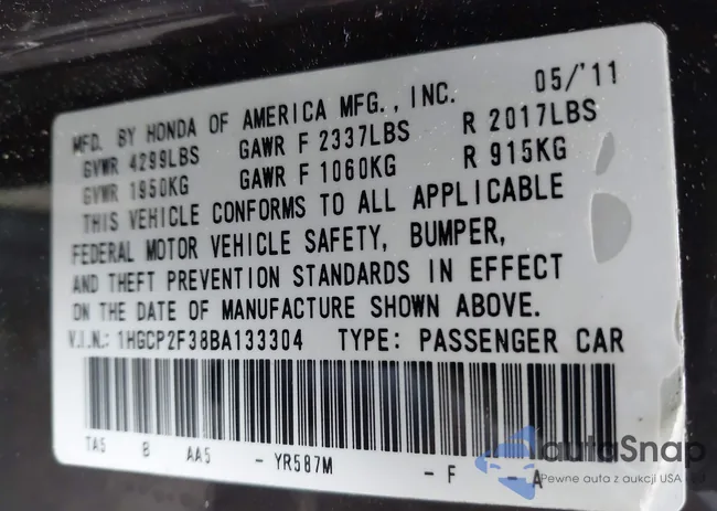 1HGCP2F38BA133304: 42137108