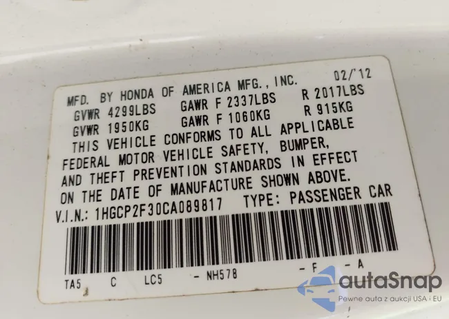 1HGCP2F30CA089817: 42140557